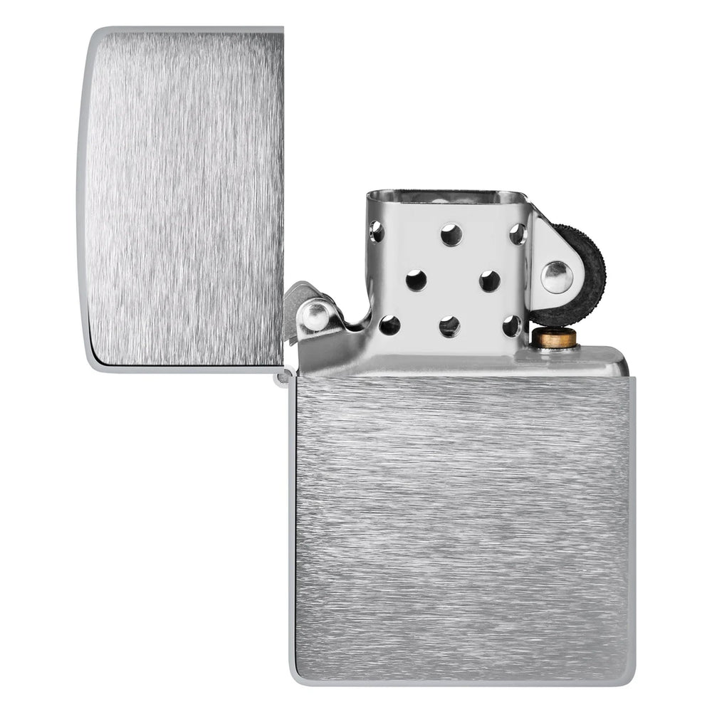 Zippo close-up of brushed chrome texture highlighting scratch resistance and refined look