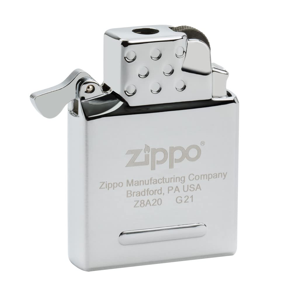 Zippo yellow flame insert side profile highlighting ignition button and compact design benefit
