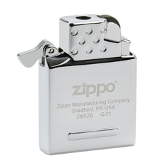Zippo yellow flame insert side profile highlighting ignition button and compact design benefit