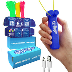 ZipString Bold Blue front packaging showing toy and key features for easy play