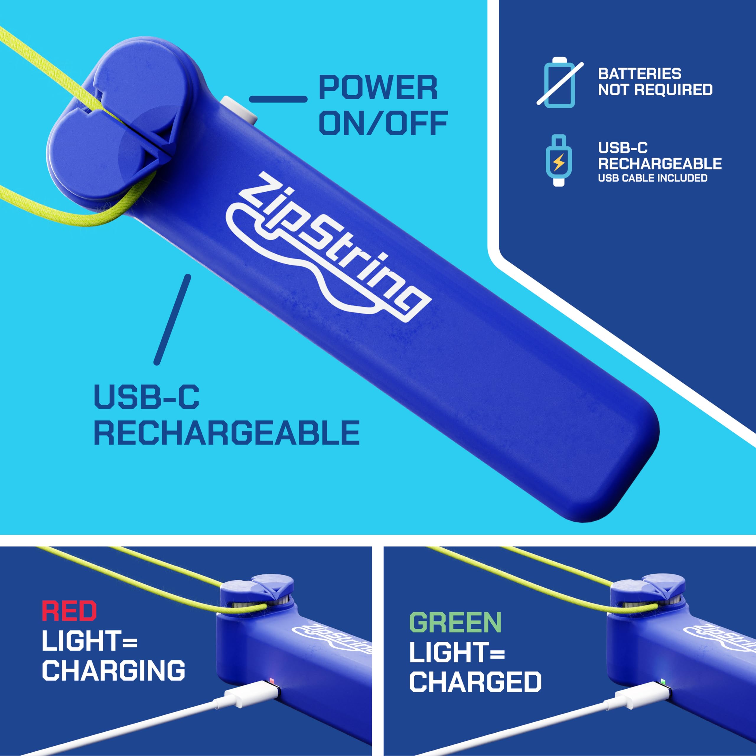 ZipString Bold Blue label and connector close-up showing reinforced join for longevity