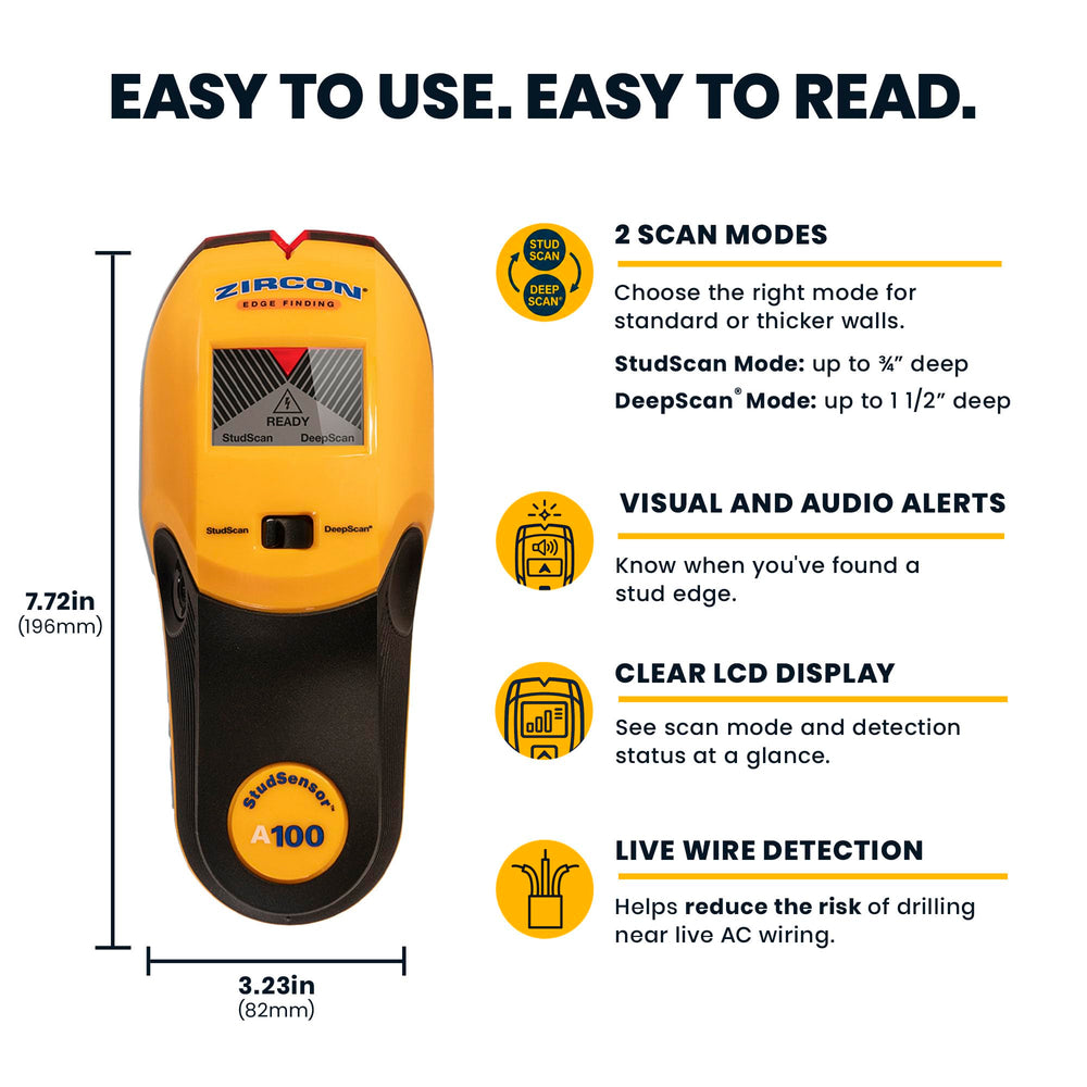 Zircon StudSensor A100 held against drywall to locate stud edges quickly and accurately