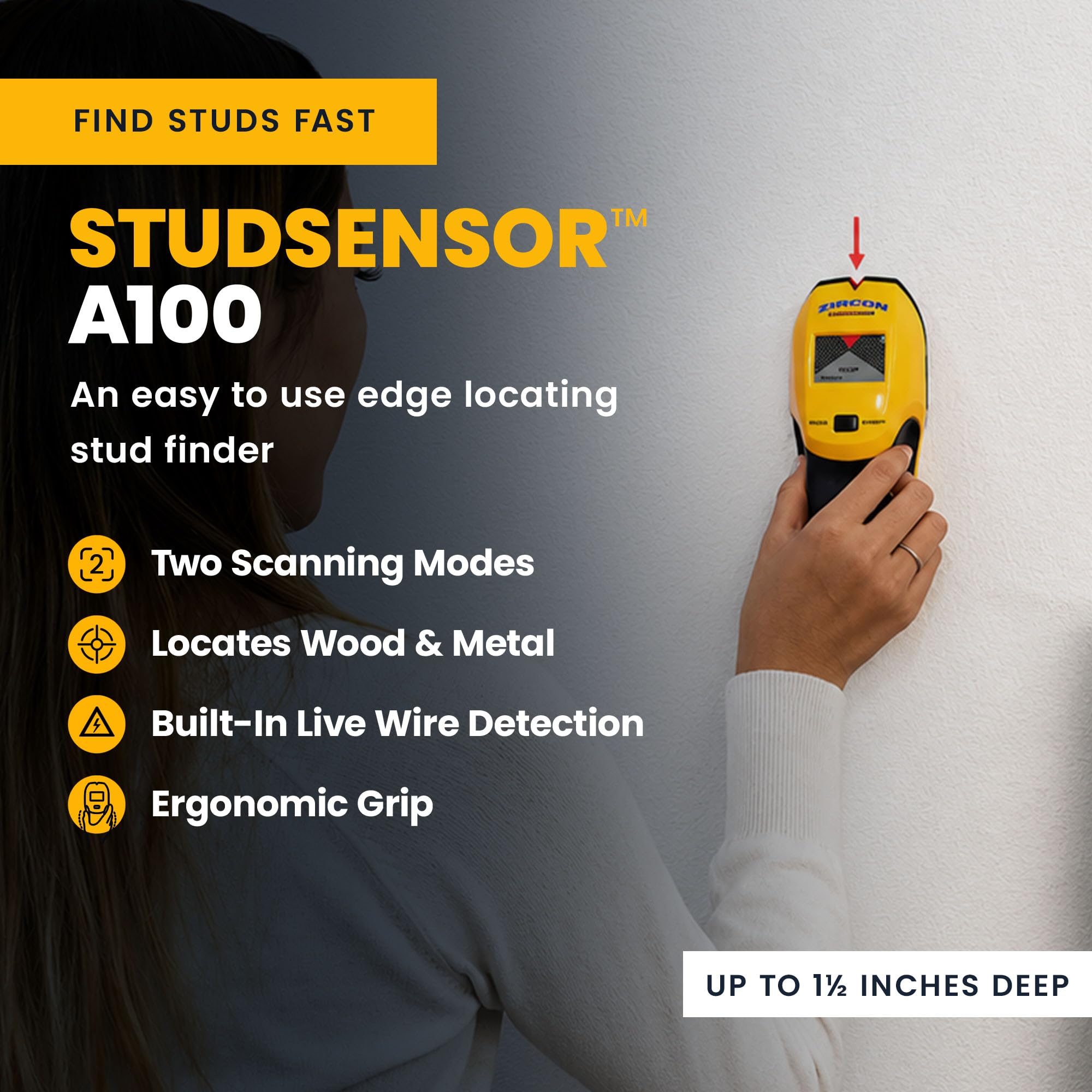 Zircon StudSensor A100 close-up of LCD and illuminated V marker for precise marking