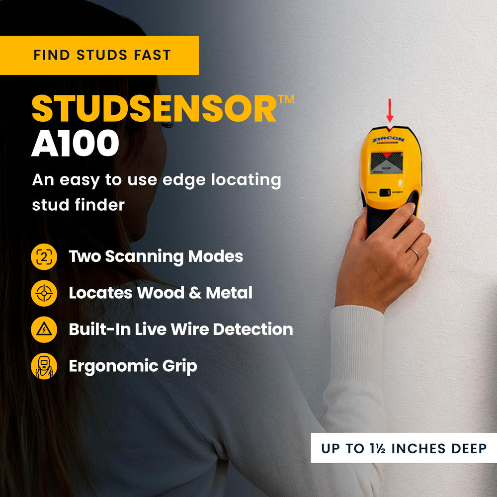 Zircon StudSensor A100 close-up of LCD and illuminated V marker for precise marking