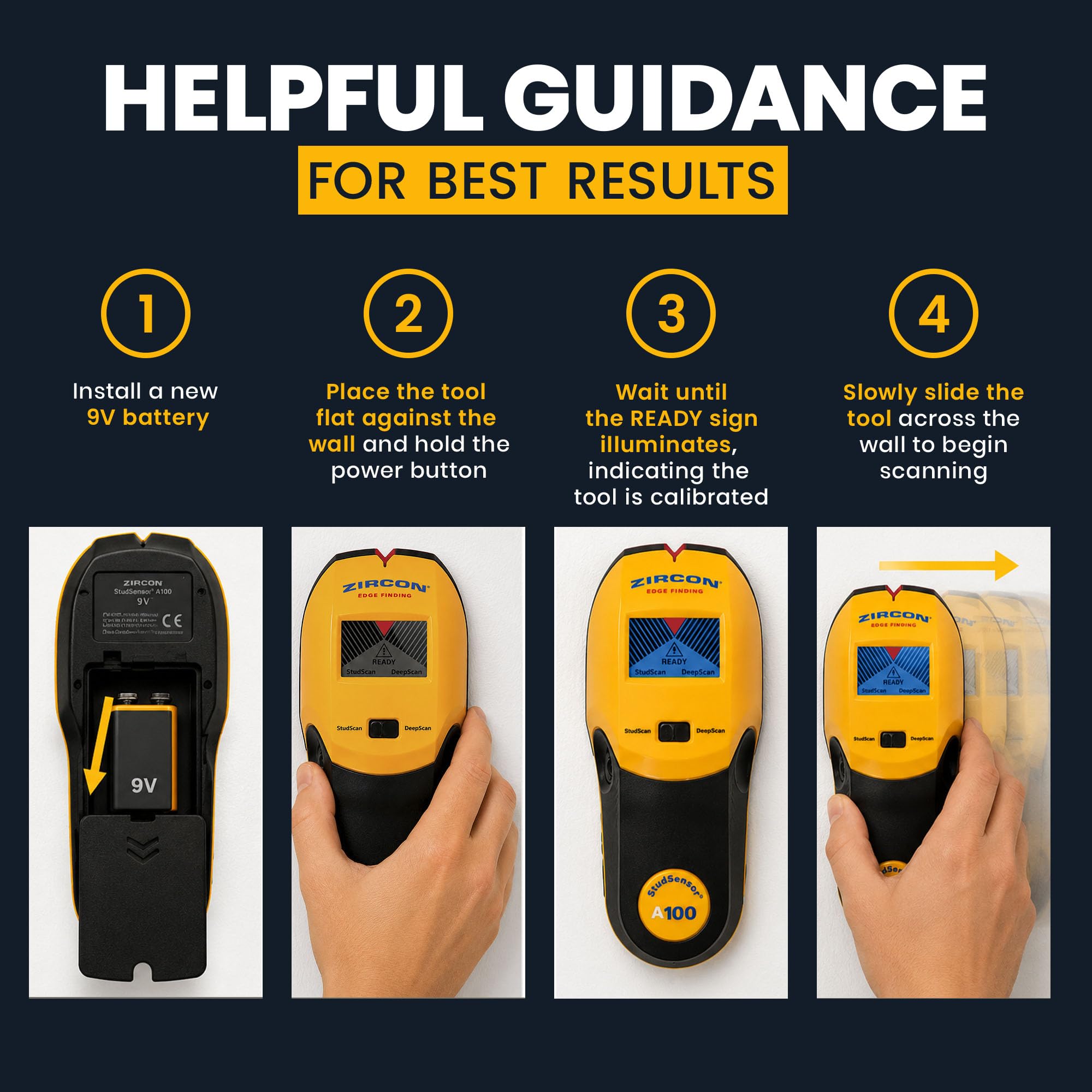 Zircon StudSensor A100 displaying WireWarning alert to warn of live wiring presence