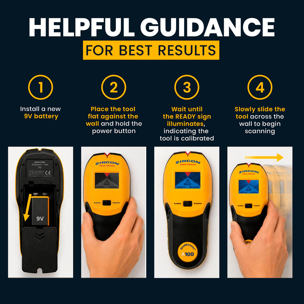 Zircon StudSensor A100 displaying WireWarning alert to warn of live wiring presence