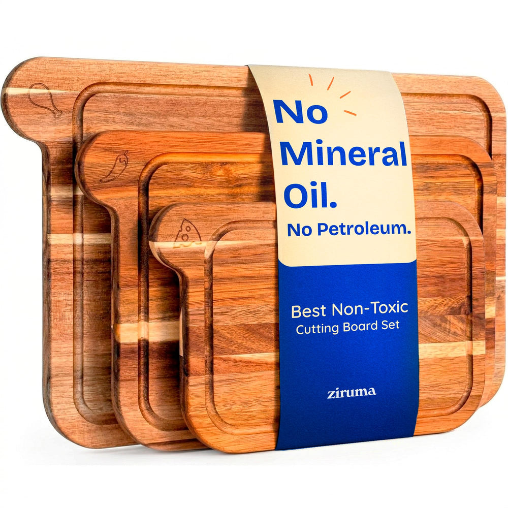 Ziruma front view of three acacia boards showing icons and sizes, clear organization benefit