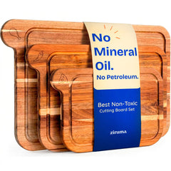 Ziruma front view of three acacia boards showing icons and sizes, clear organization benefit