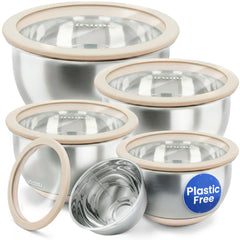 Ziruma front view of five-piece stainless steel bowl set showing lids and sizes for safer food storage
