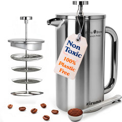 Ziruma front view stainless French press showing sleek exterior and capacity benefit