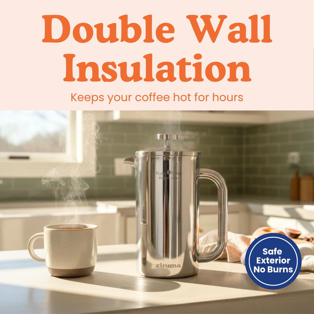 Ziruma shown next to a mug to illustrate 34 oz capacity and serving size