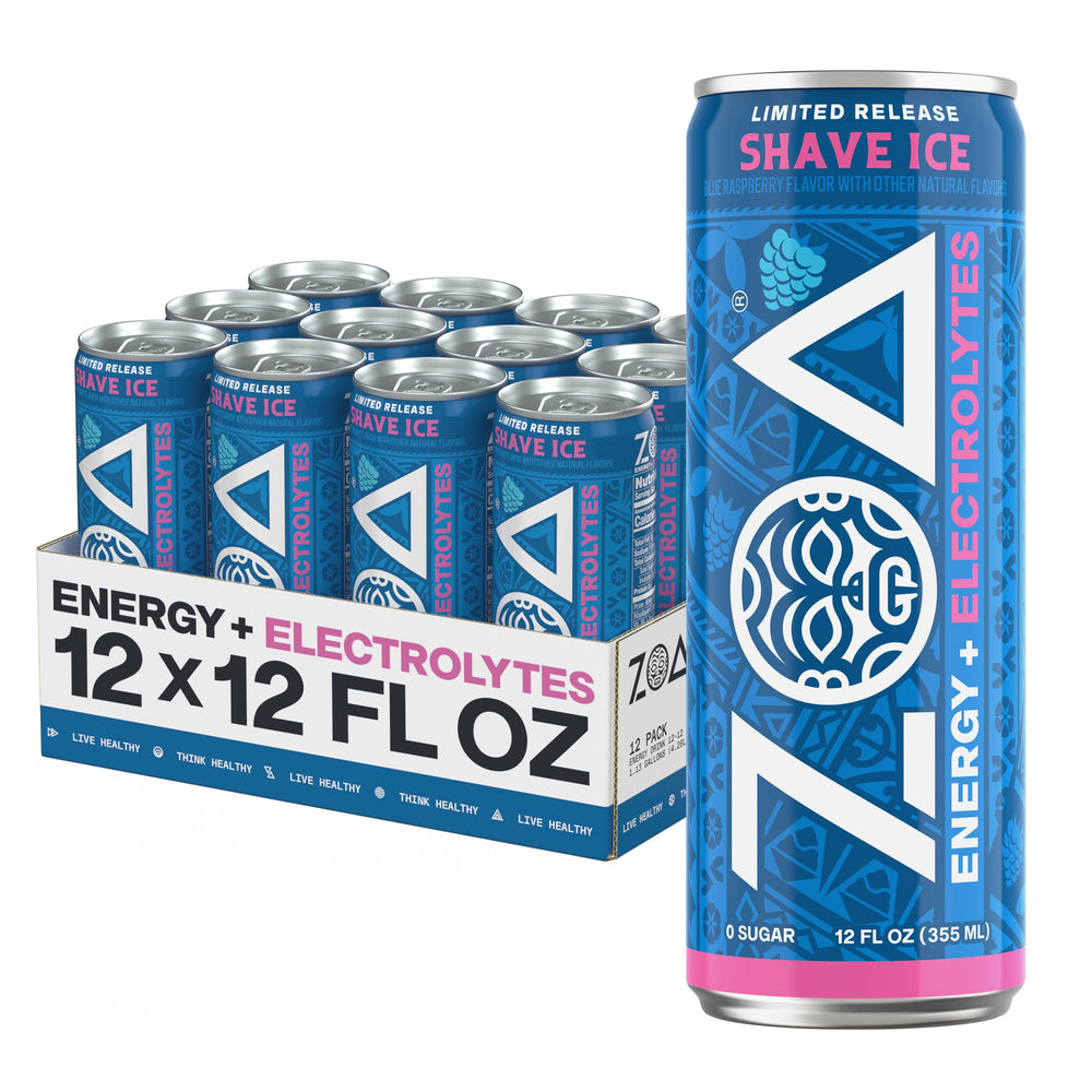 ZOA front can showing Blue Raspberry Shave Ice branding and energetic refreshment