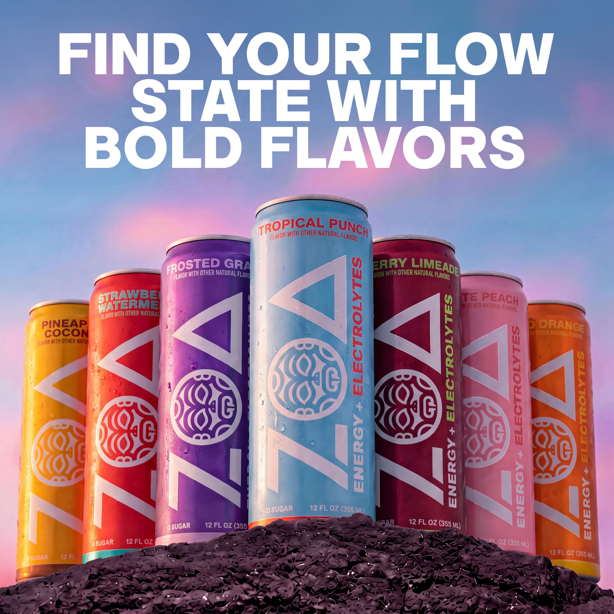 ZOA twelve cans stacked in fridge for easy access and consistent supply
