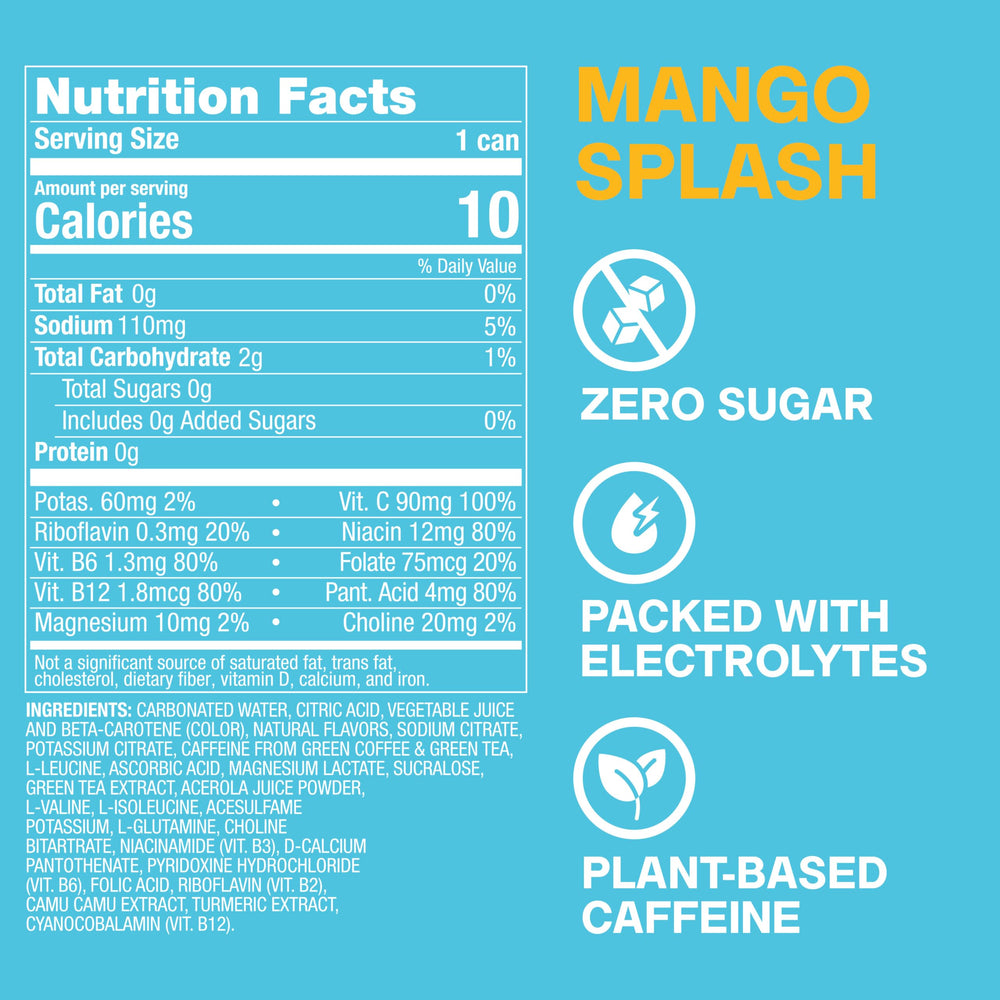ZOA close-up can label highlighting mango flavor and zero sugar benefit