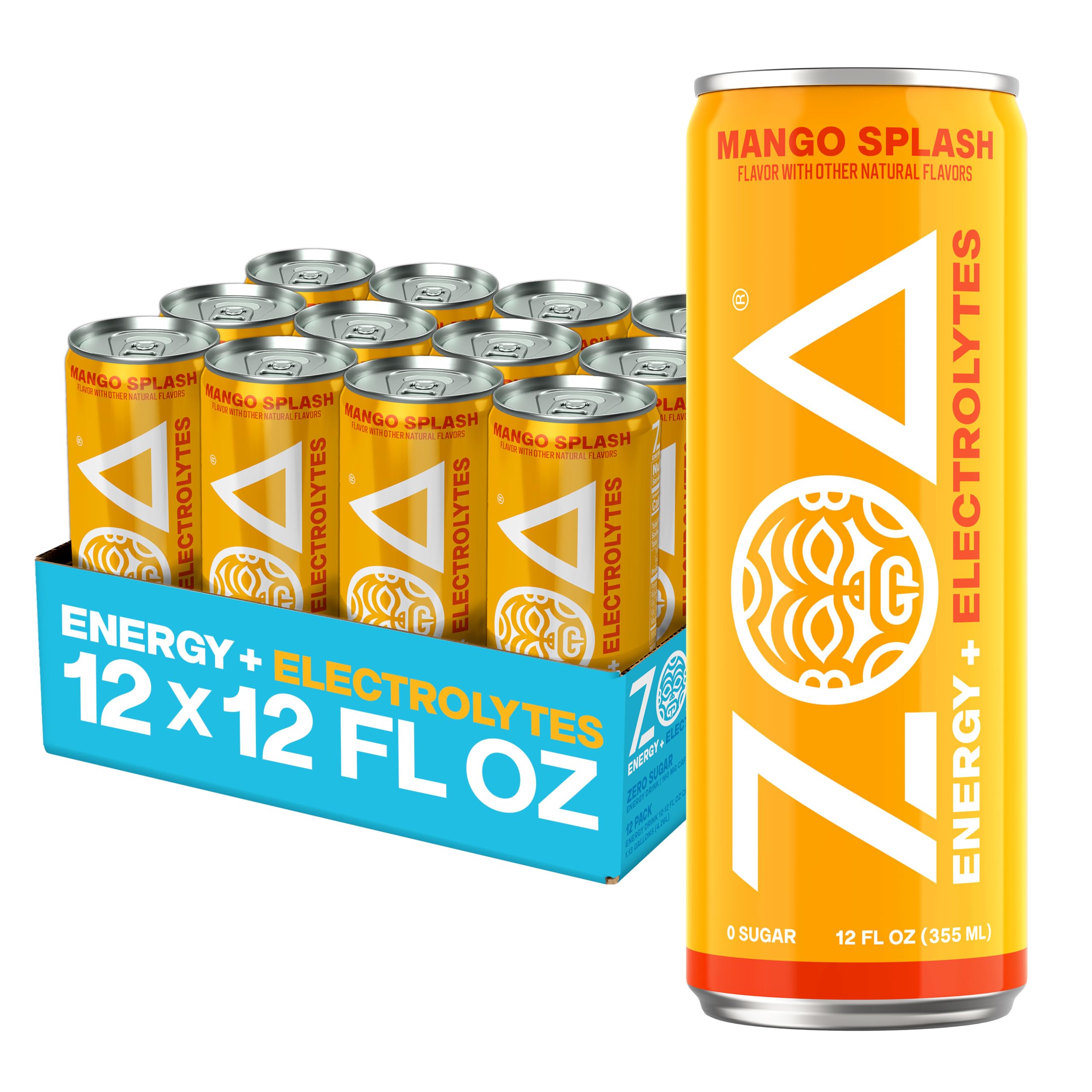 ZOA mango splash front packaging showing bold can design and benefits
