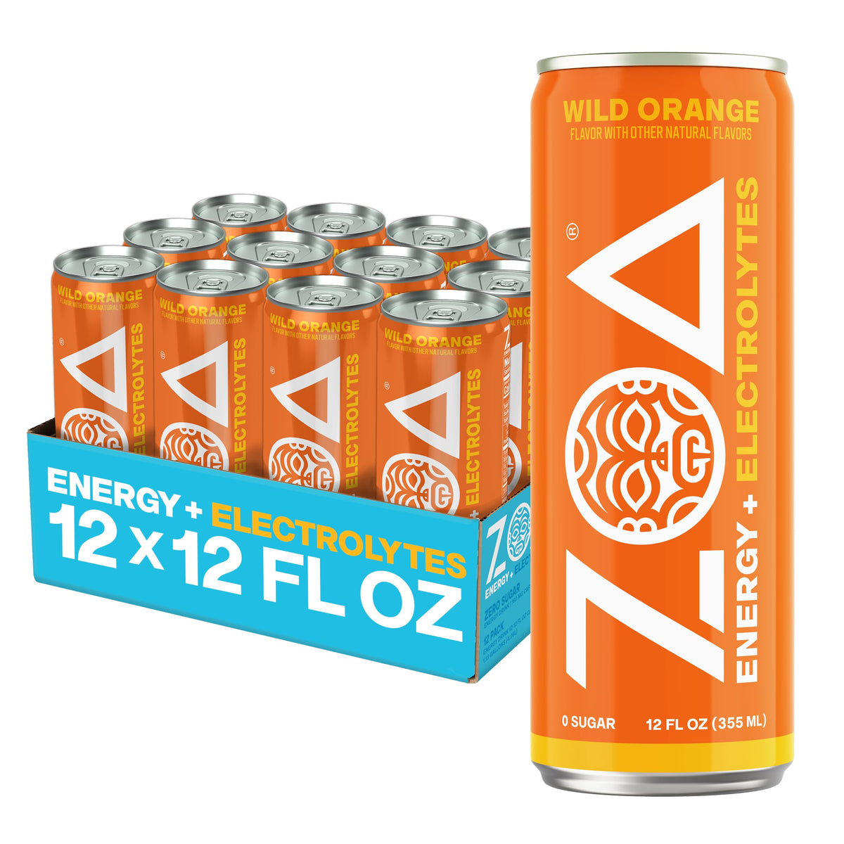 ZOA wild orange 12-pack front view showing can design and branding for quick identification and appeal