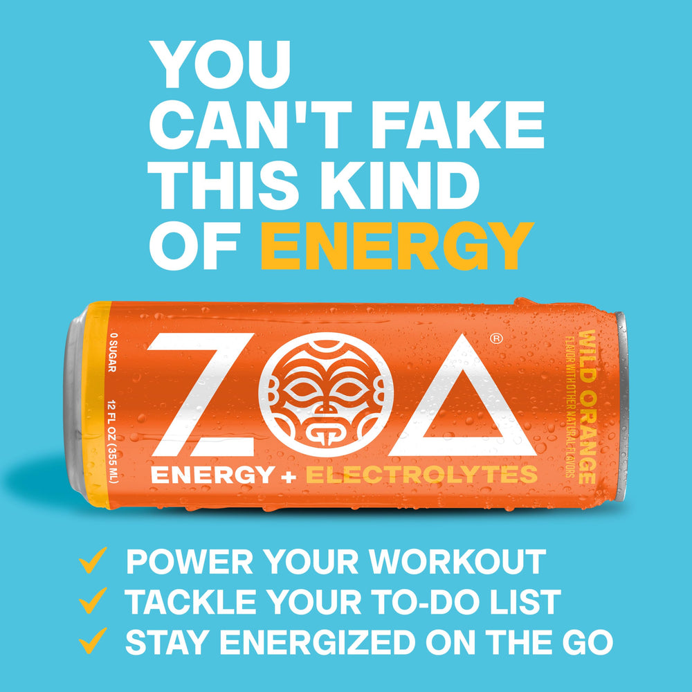 ZOA wild orange ingredients label closeup showing vitamins and plant-based caffeine benefits