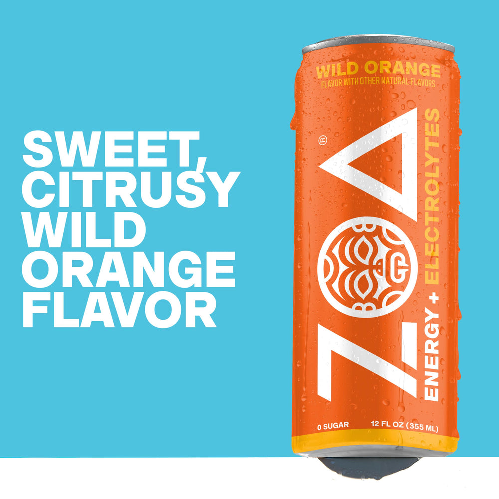 ZOA wild orange pour with visible bubbles conveying refreshing texture and quick hydration