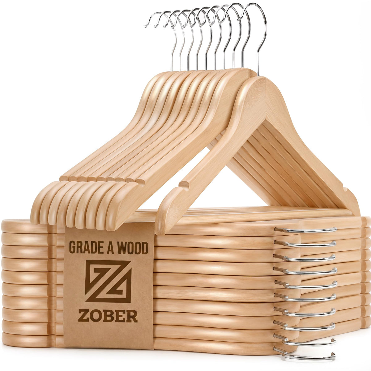 ZOBER front view of 20-pack showing neat, natural finish and uniform hangers