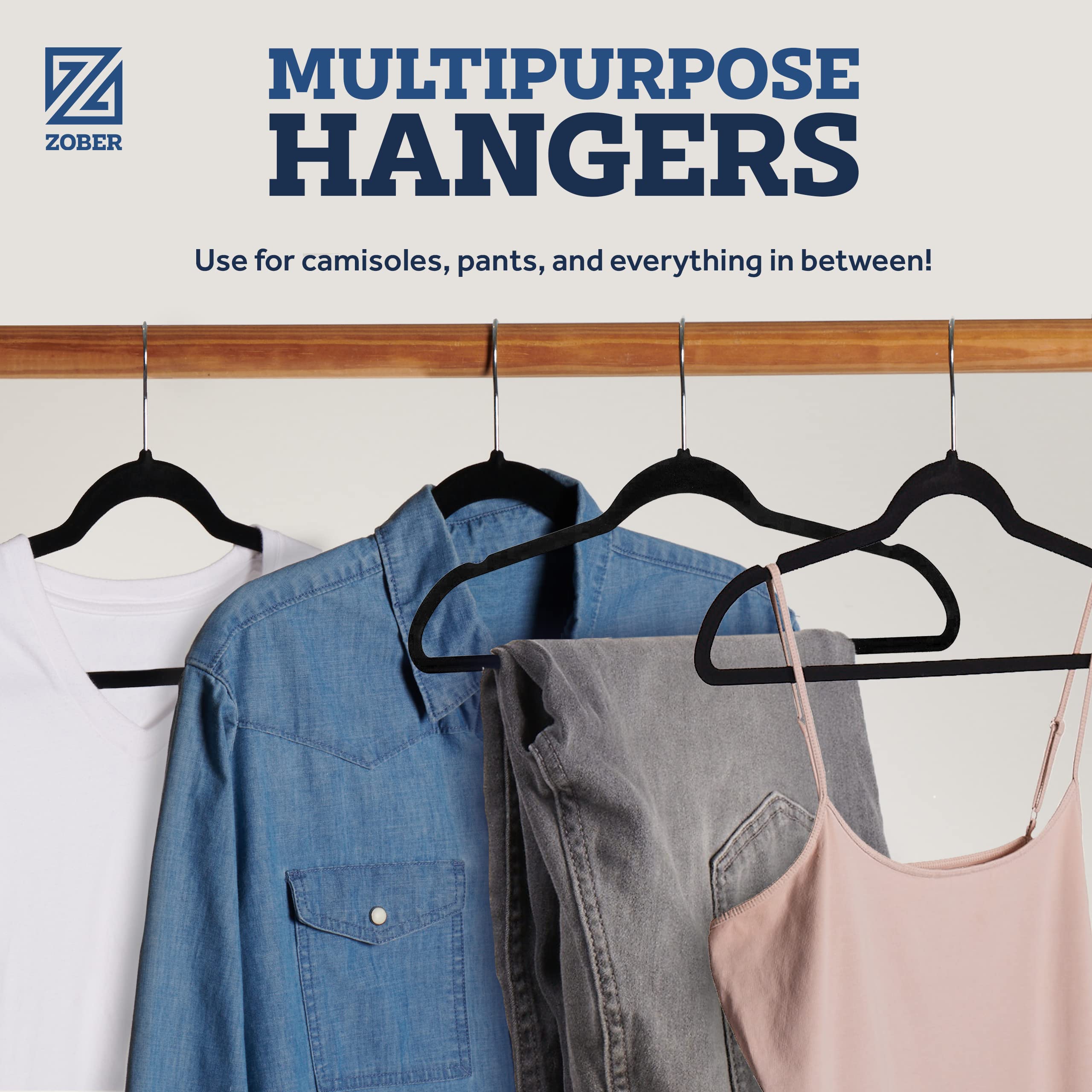 ZOBER hangers neatly arranged in a closet maximizing storage space