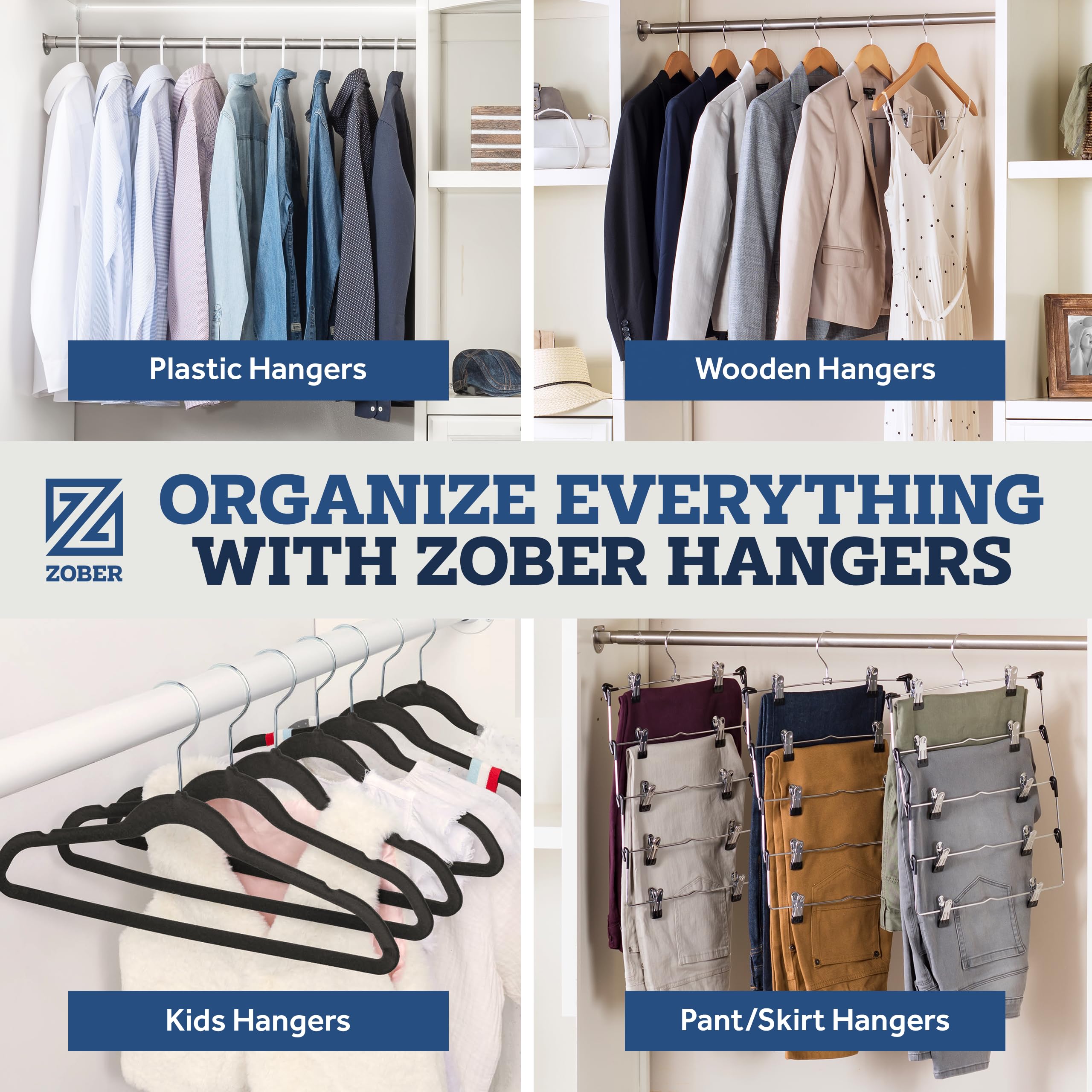 ZOBER stacked hangers highlighting durable construction and storage convenience