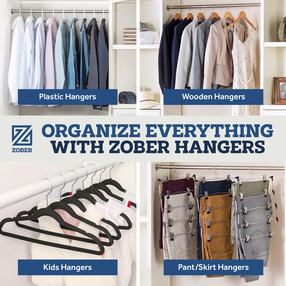 ZOBER stacked hangers highlighting durable construction and storage convenience