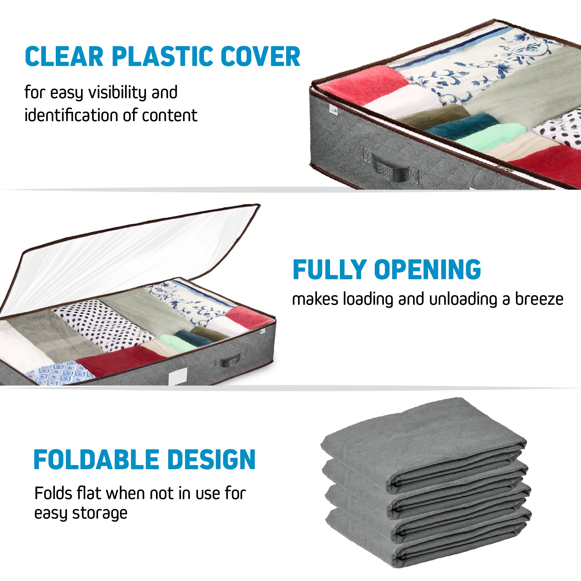 ZOBER folded flat storage bag illustrating space-saving portability benefit