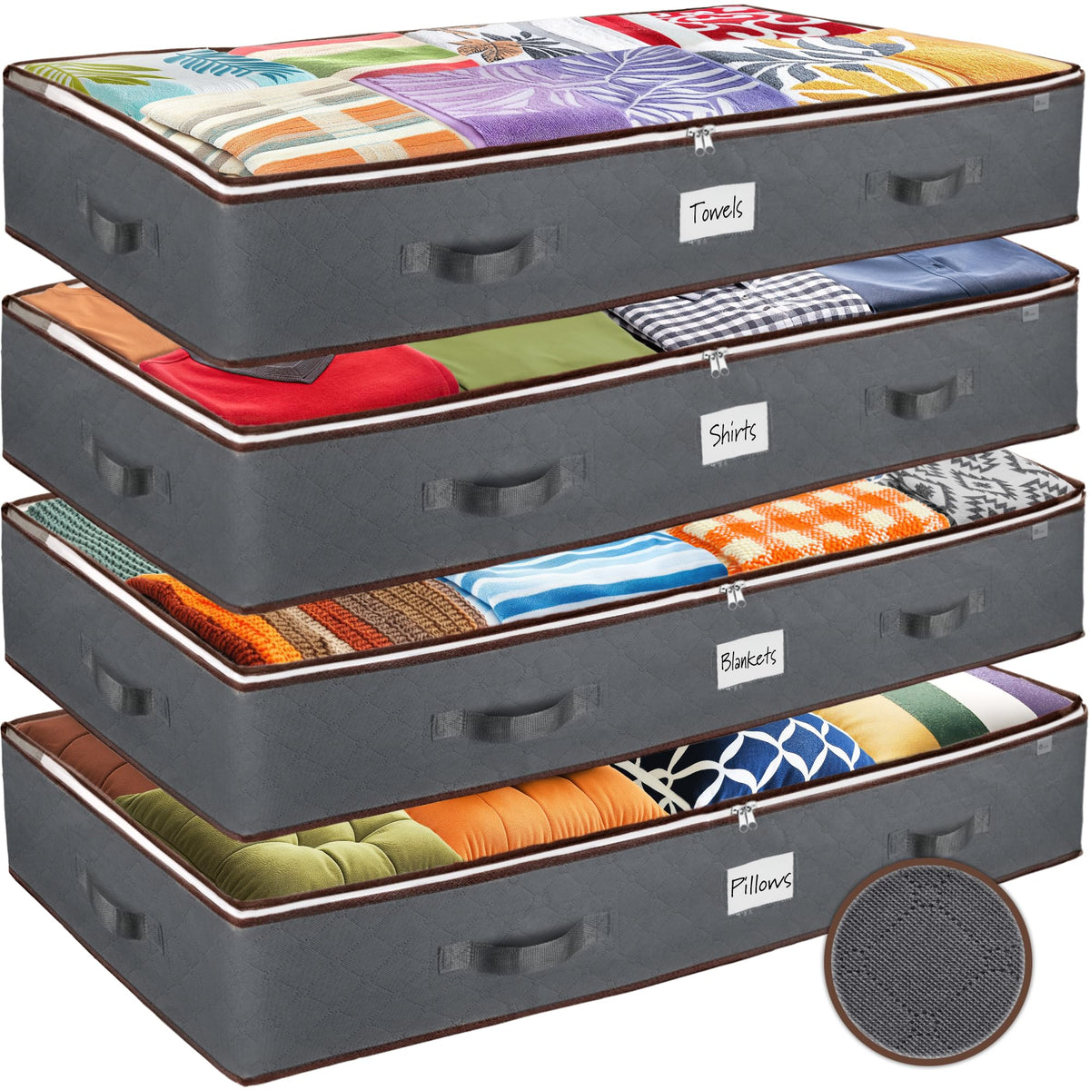 ZOBER front view showing four gray under bed storage bags and organized benefit