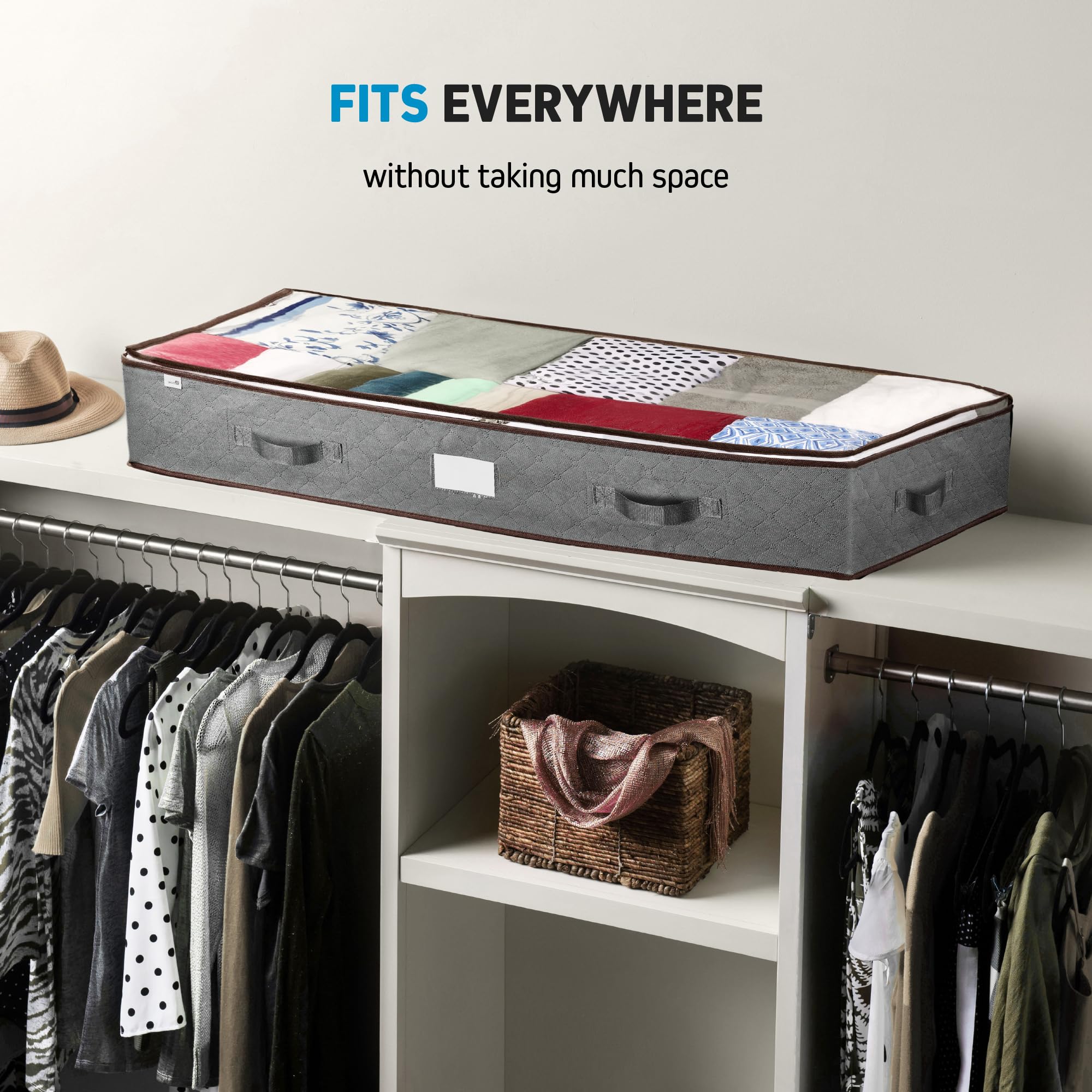 ZOBER storage bags in bedroom lifestyle scene highlighting neat decor benefit