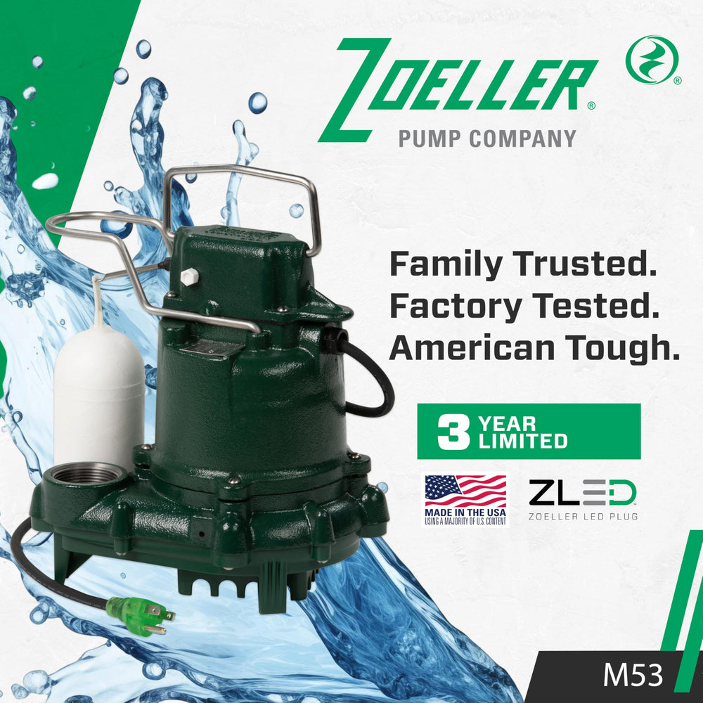 Zoeller M53 label and spec plate, clear model and performance information