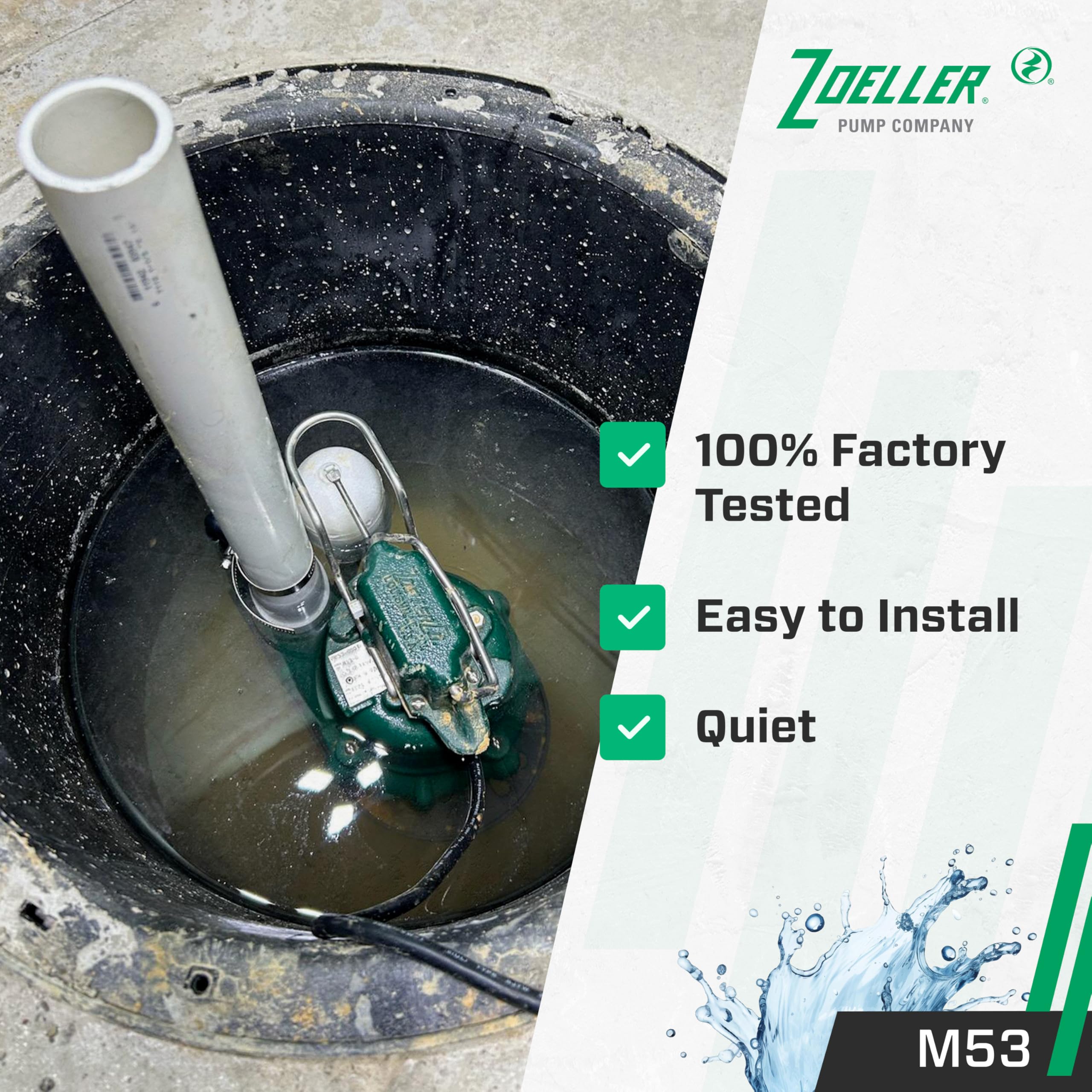 Zoeller M53 size comparison with hand, compact footprint for small basins