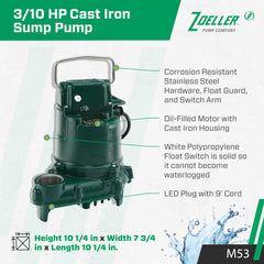 Zoeller M53 float switch top detail, automatic activation for hands-free operation