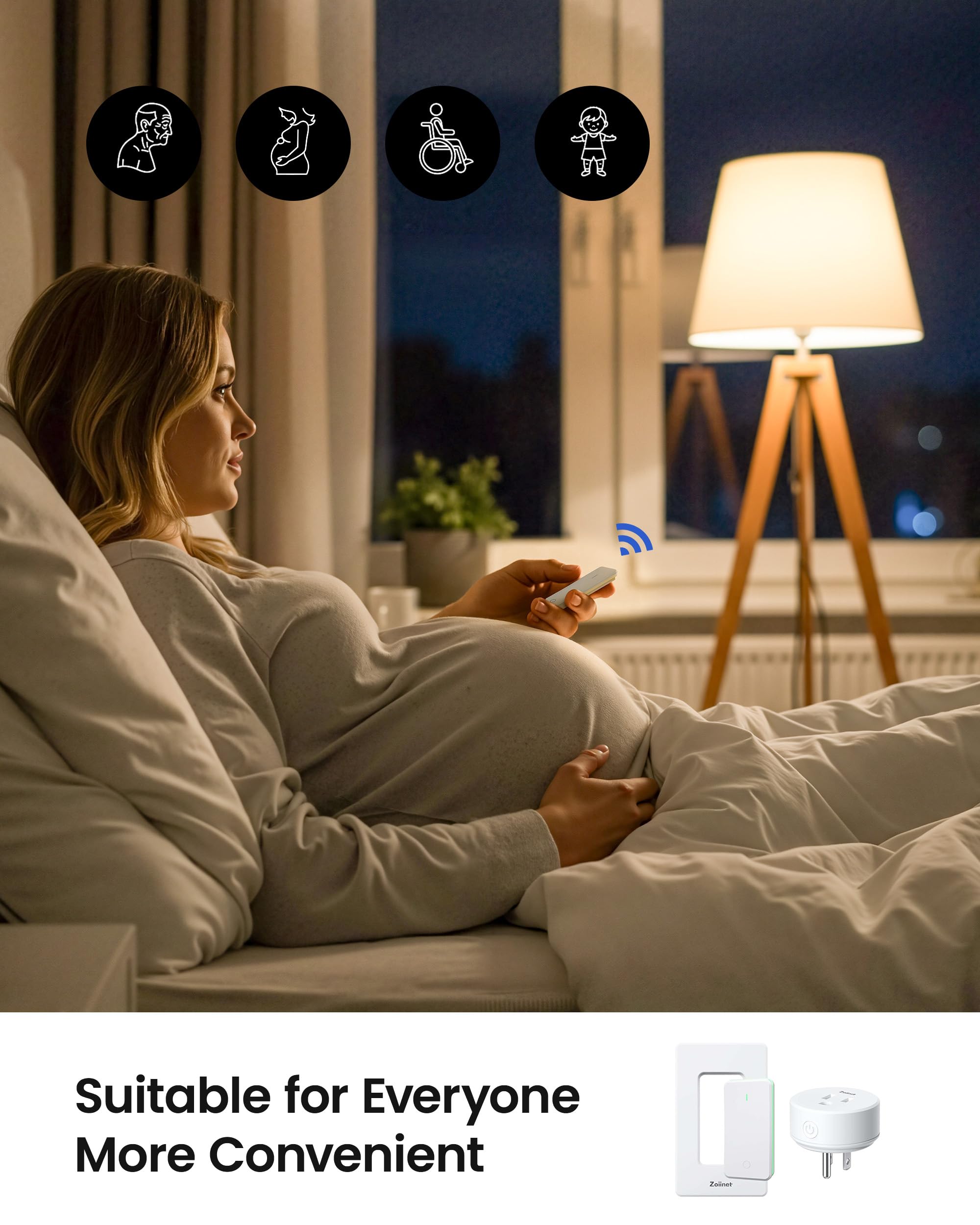 Zoiinet system in a living room controlling multiple devices, tidy remote control