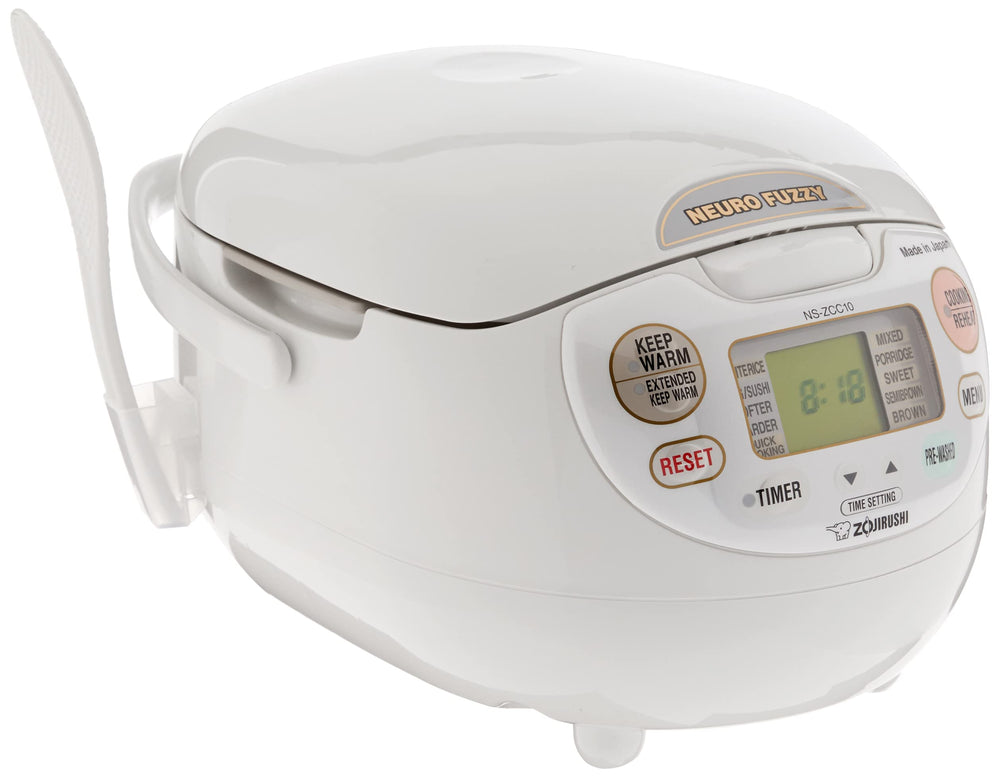 Zojirushi white cooker front panel showing LCD and control buttons for easy programming