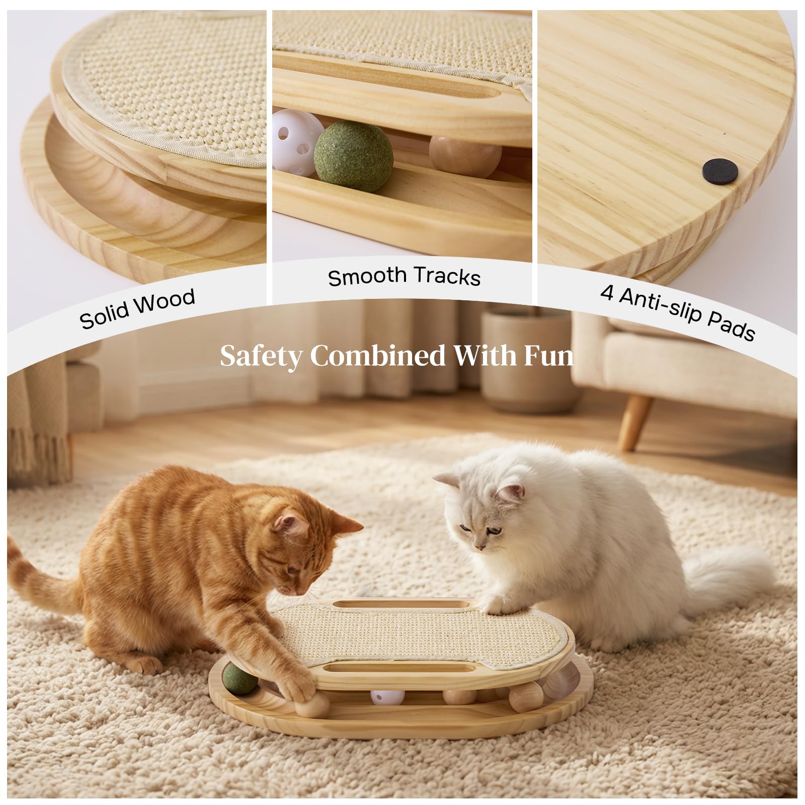 ZOMISIA in use with cat batting balls, promotes exercise and boredom relief
