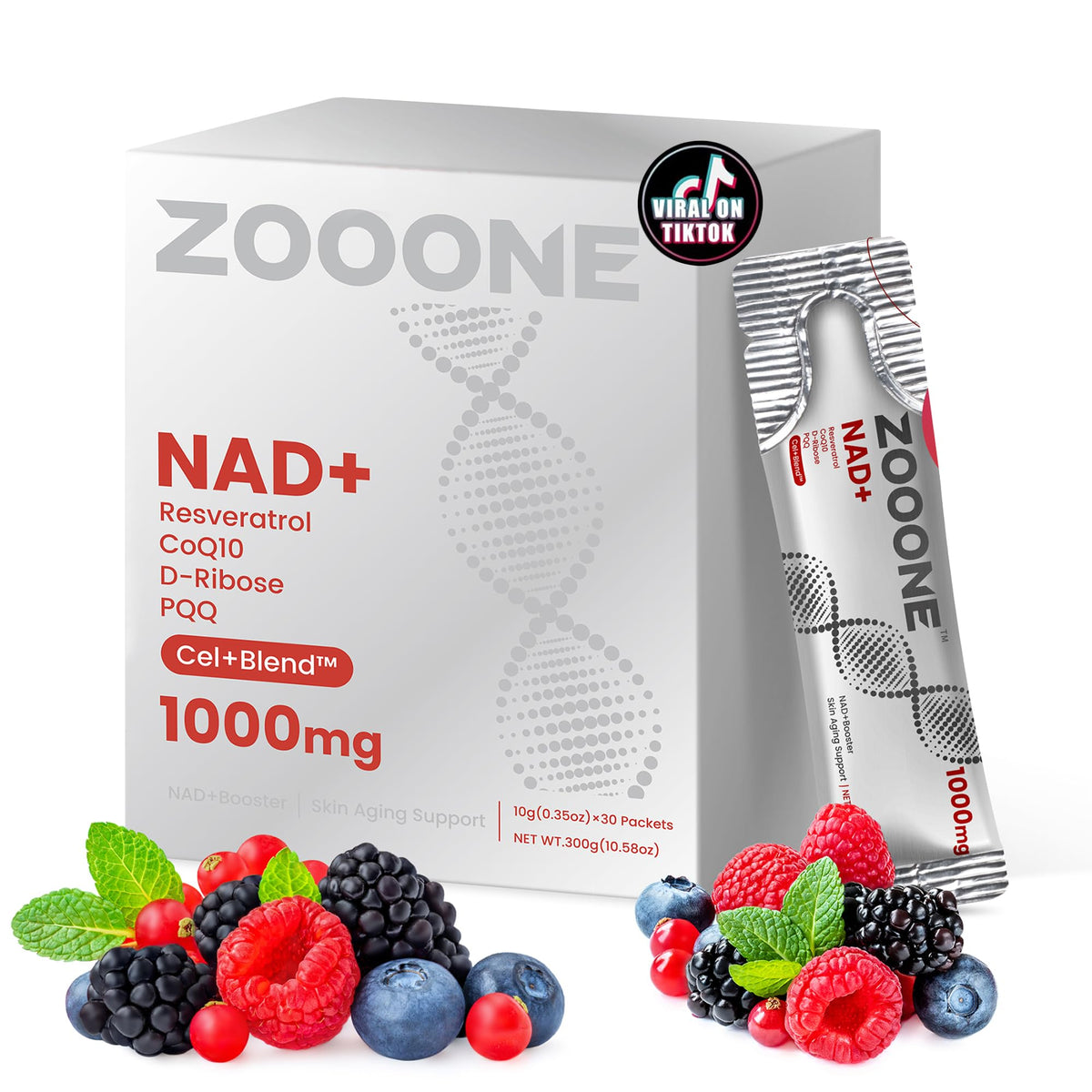 zooone front packaging showing bottle and 30 vials, clear product identity and convenience