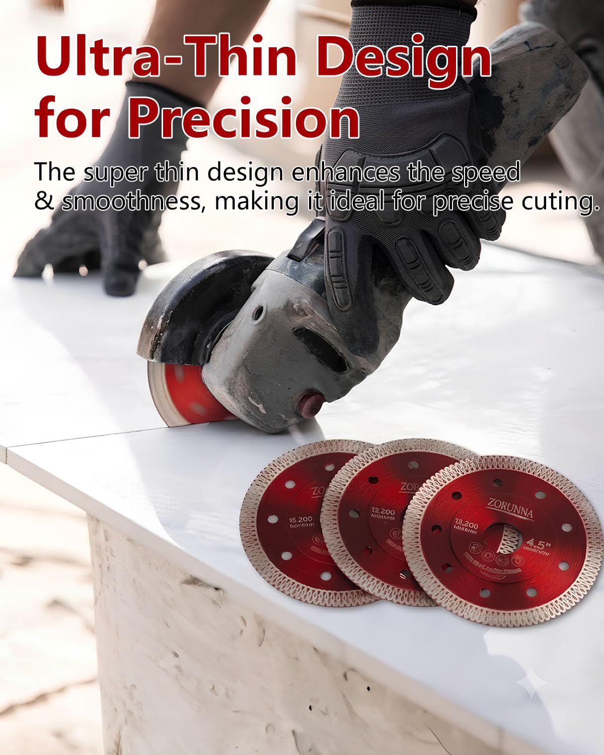 ZORUNNA blade in angle grinder cutting tile demonstrating clean cuts