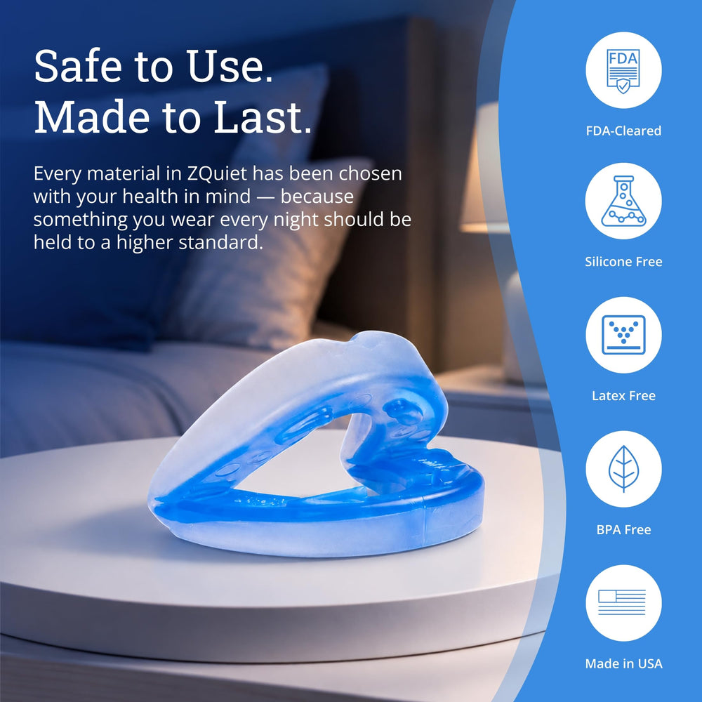 ZQuiet in-use side profile of sleeper showing jaw positioning and quieter nights benefit