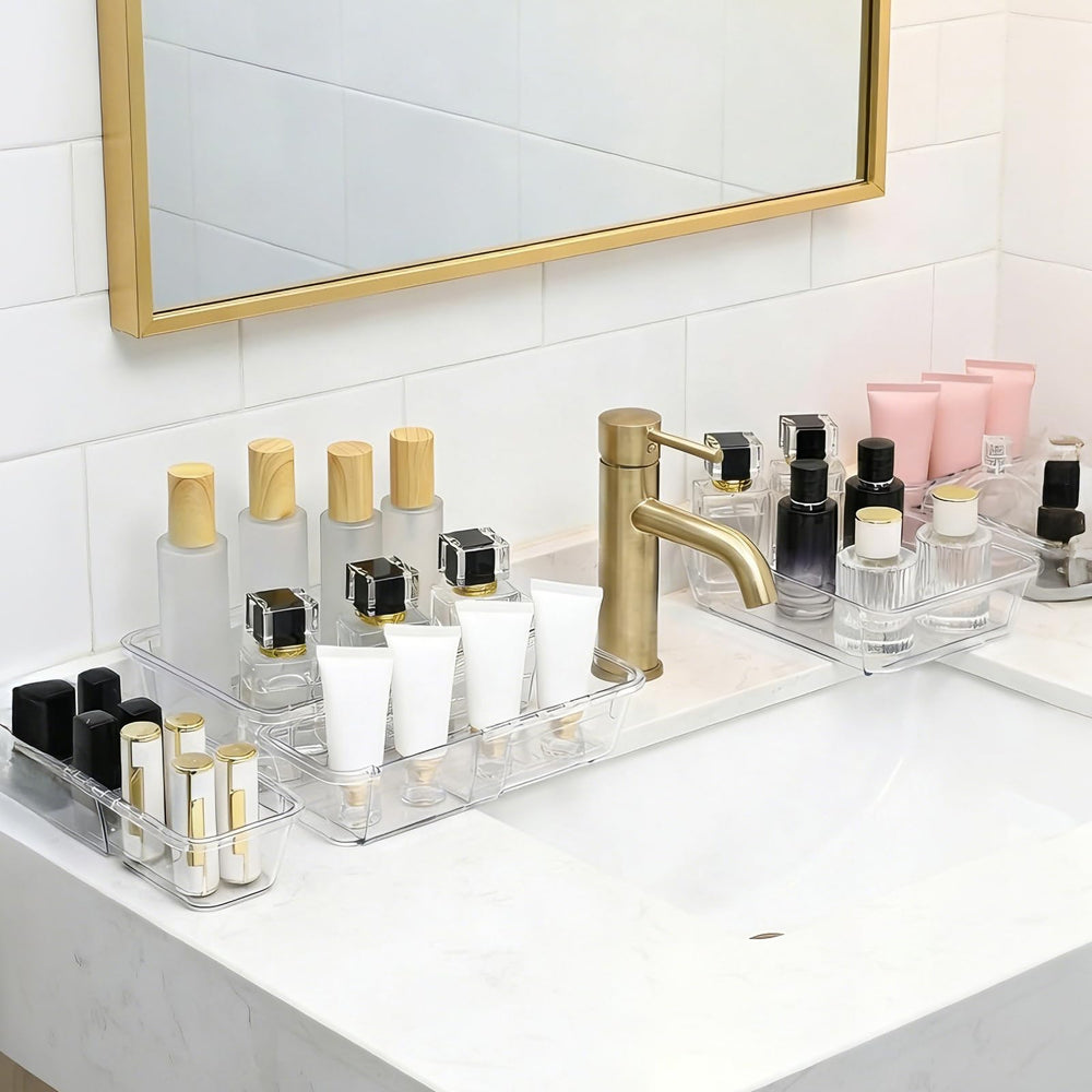 Zquilabon organizers arranged on bathroom vanity showing tidy cosmetics and styling benefit