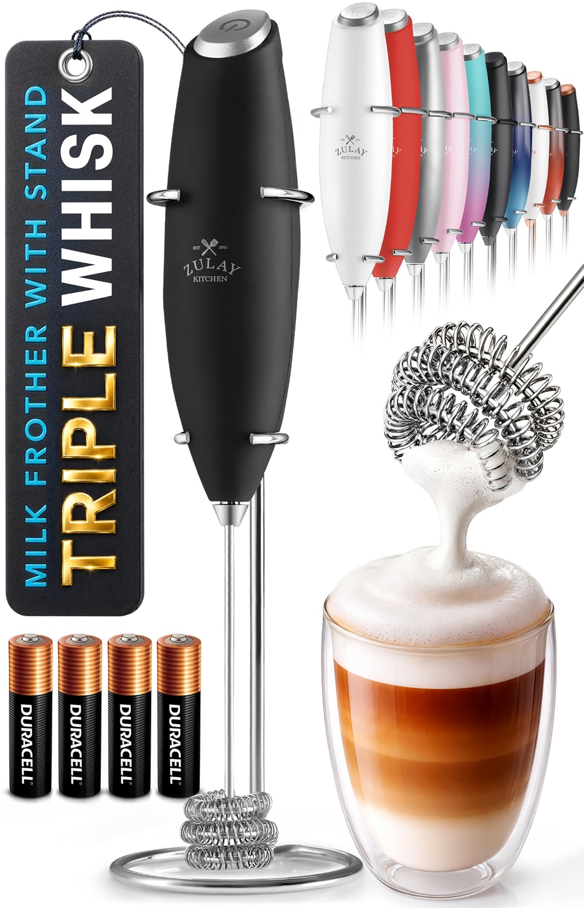 Zulay Kitchen front view of frother wand showing compact design and immediate use benefit