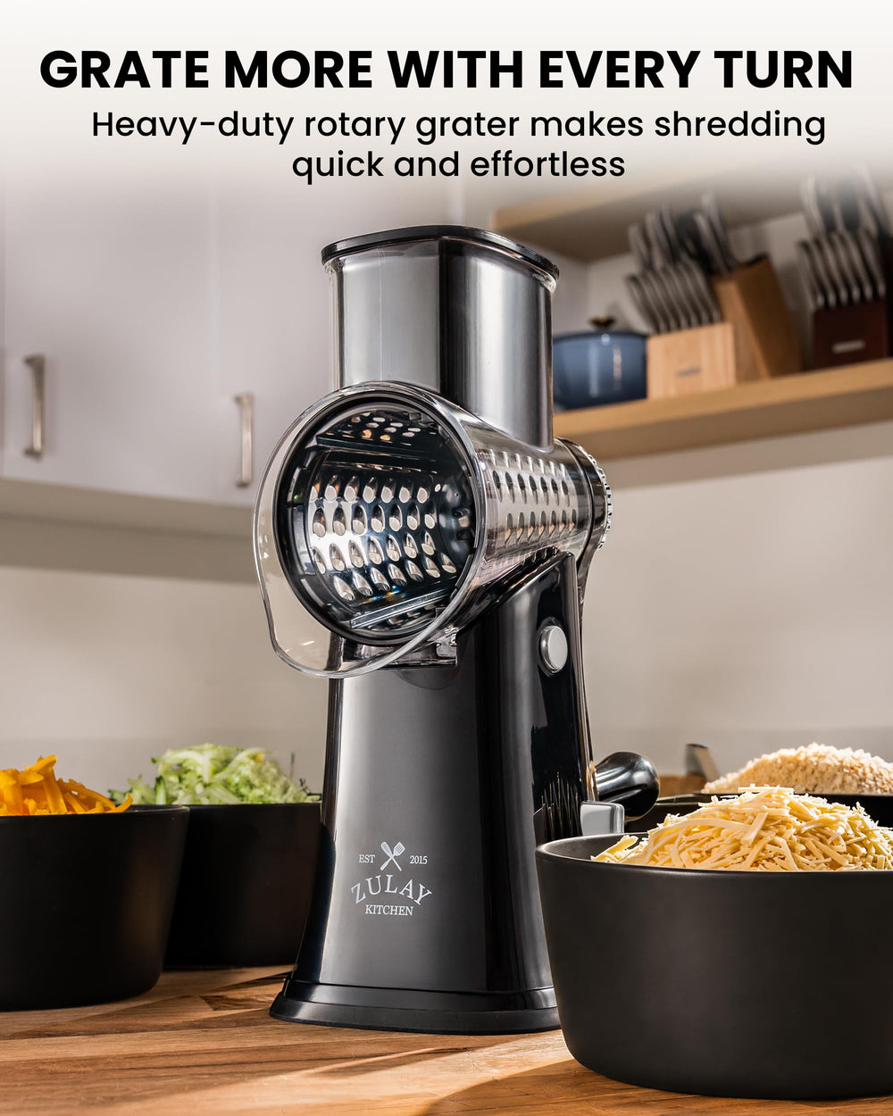 Zulay Kitchen close-up of stainless steel blades highlighting safe interchangeable design