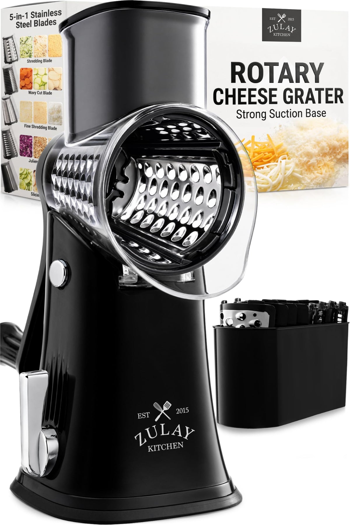 Zulay Kitchen front view showing compact black and chrome grater and handle benefit fast prep
