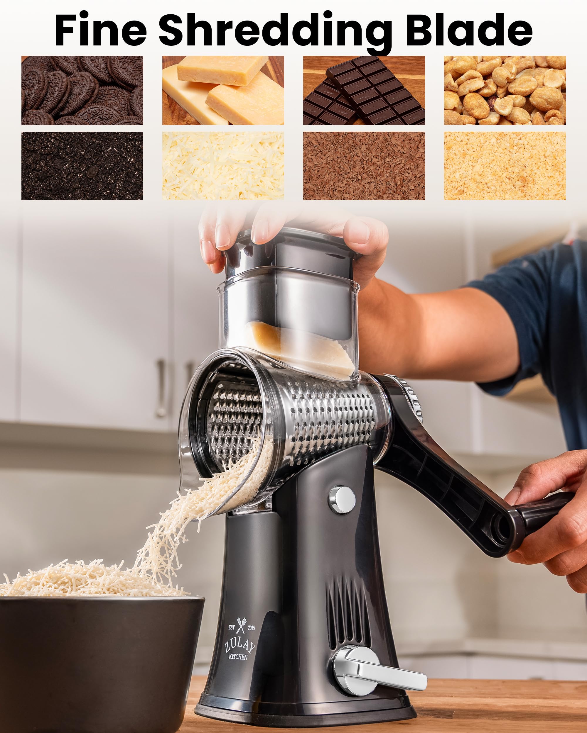Zulay Kitchen grating cheese in kitchen producing uniform shreds for recipes