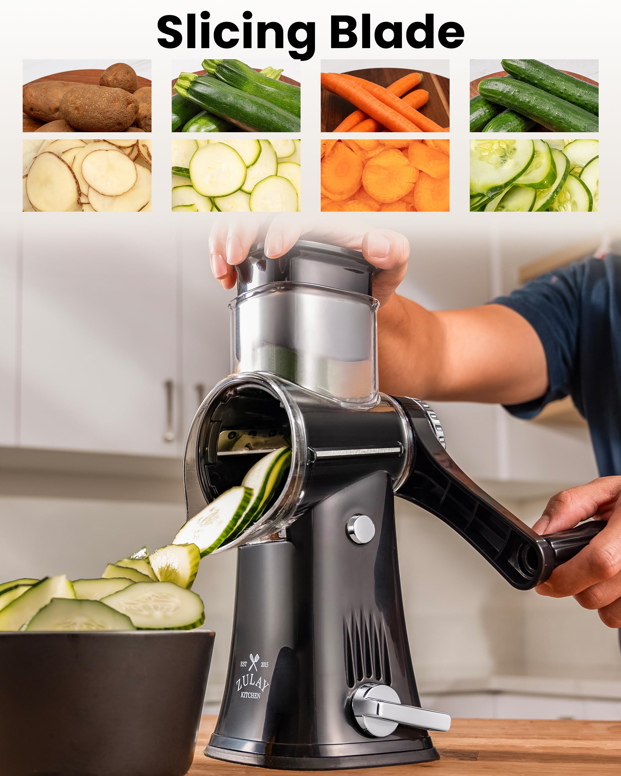 Zulay Kitchen hand-crank action in use offering effortless, consistent shredding