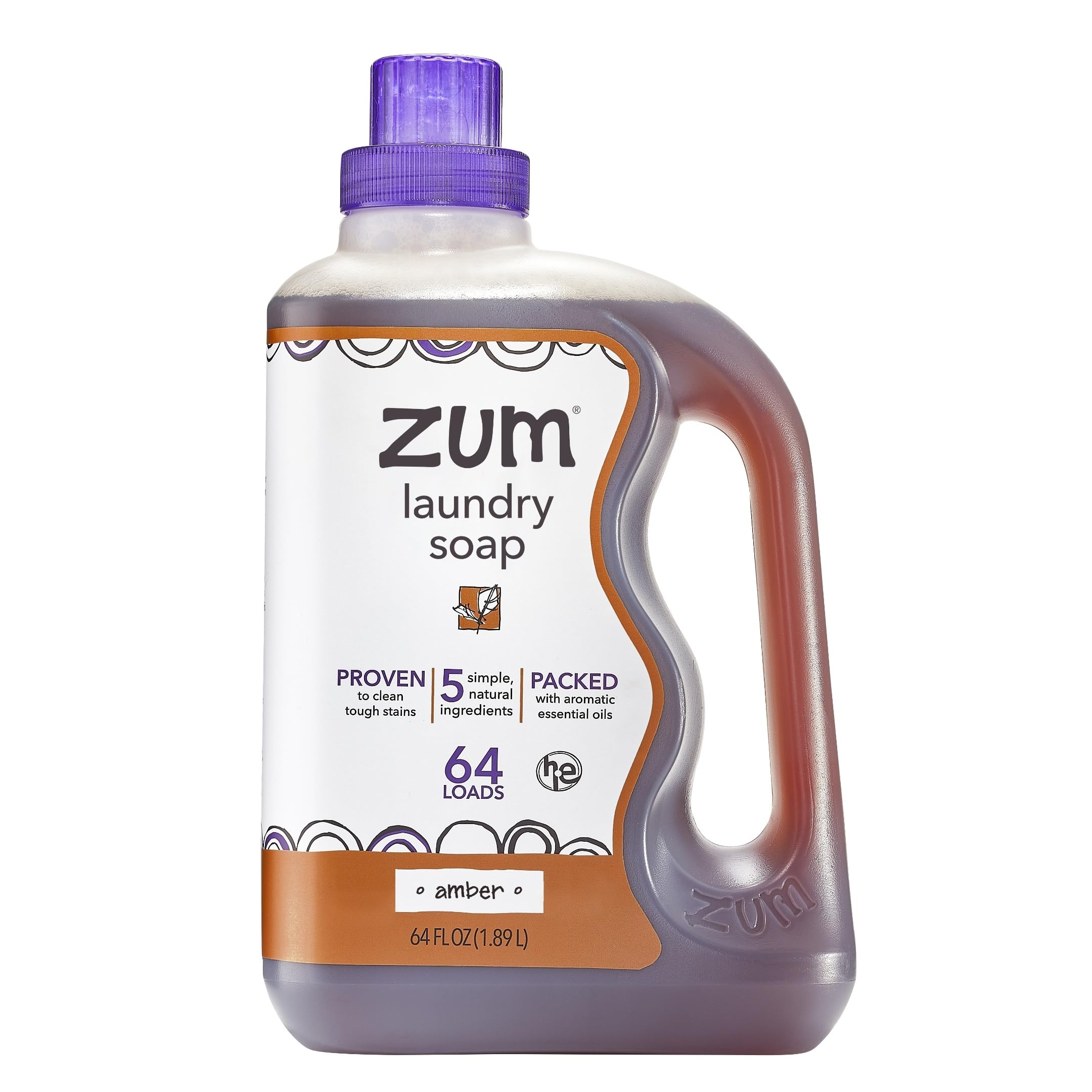 Zum front label on 64 oz amber laundry soap showing brand and scent benefit