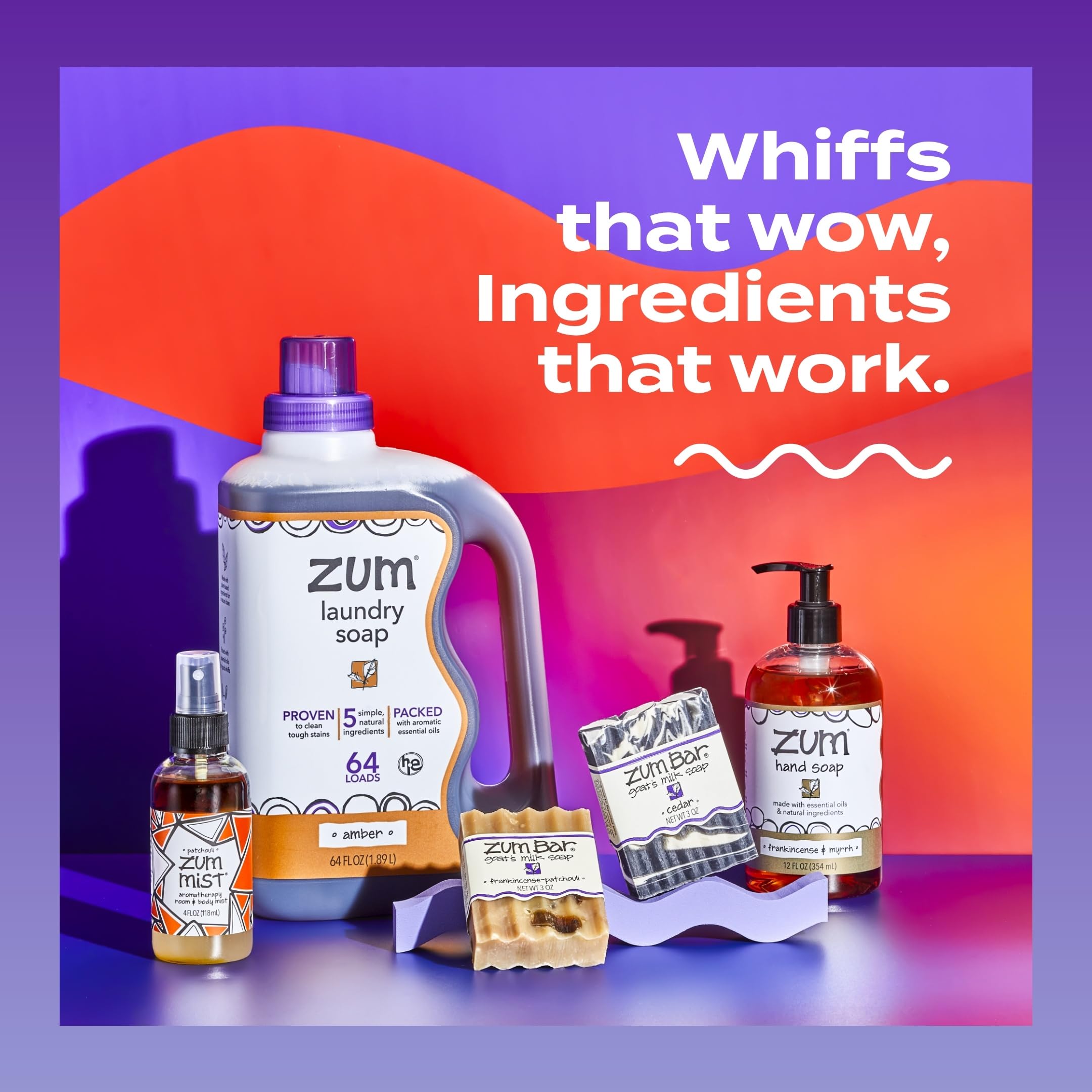 Arrangement of plant-based ingredient visuals next to Zum bottle emphasizing natural sources