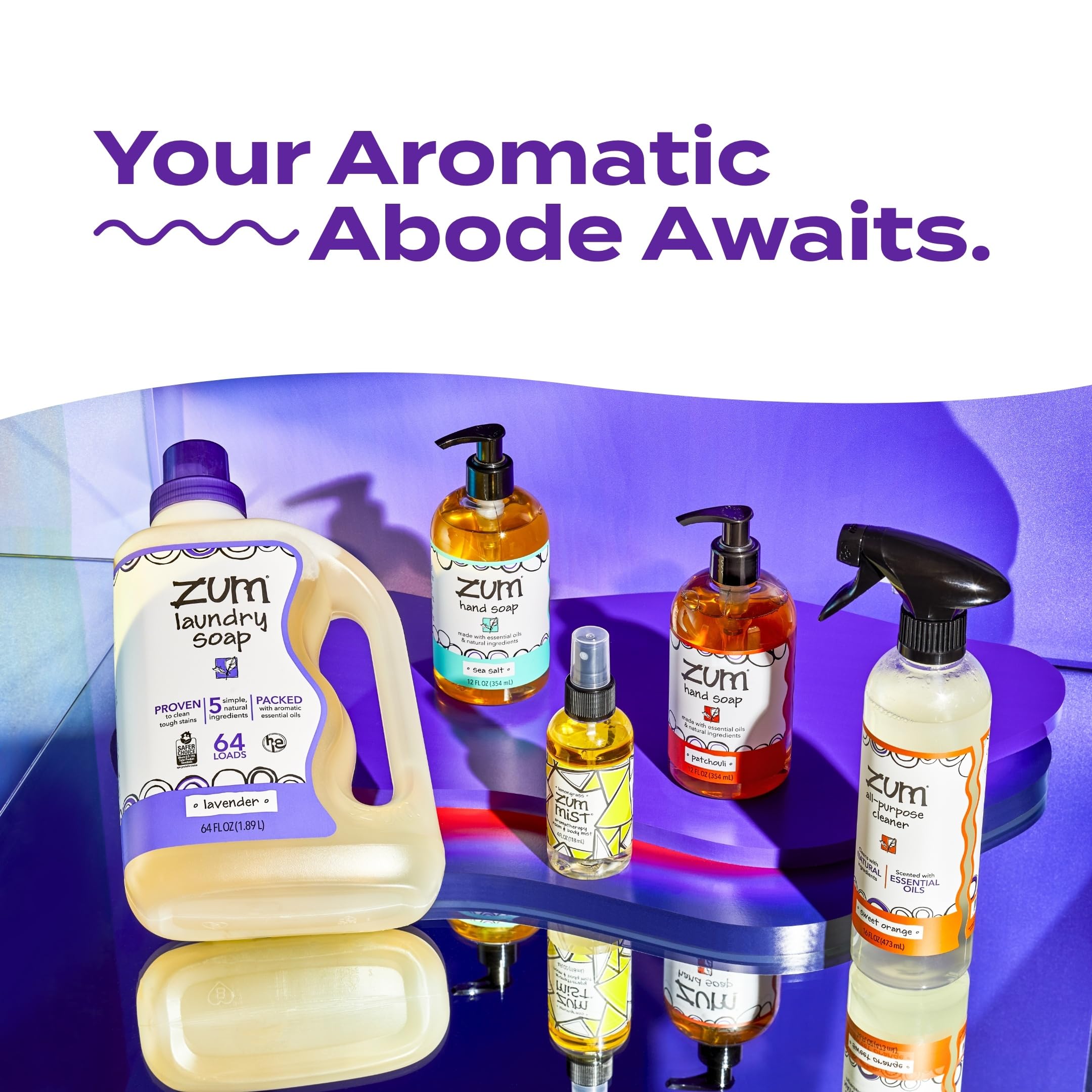 Zum patchouli bottle beside an open washing machine conveying HE compatibility