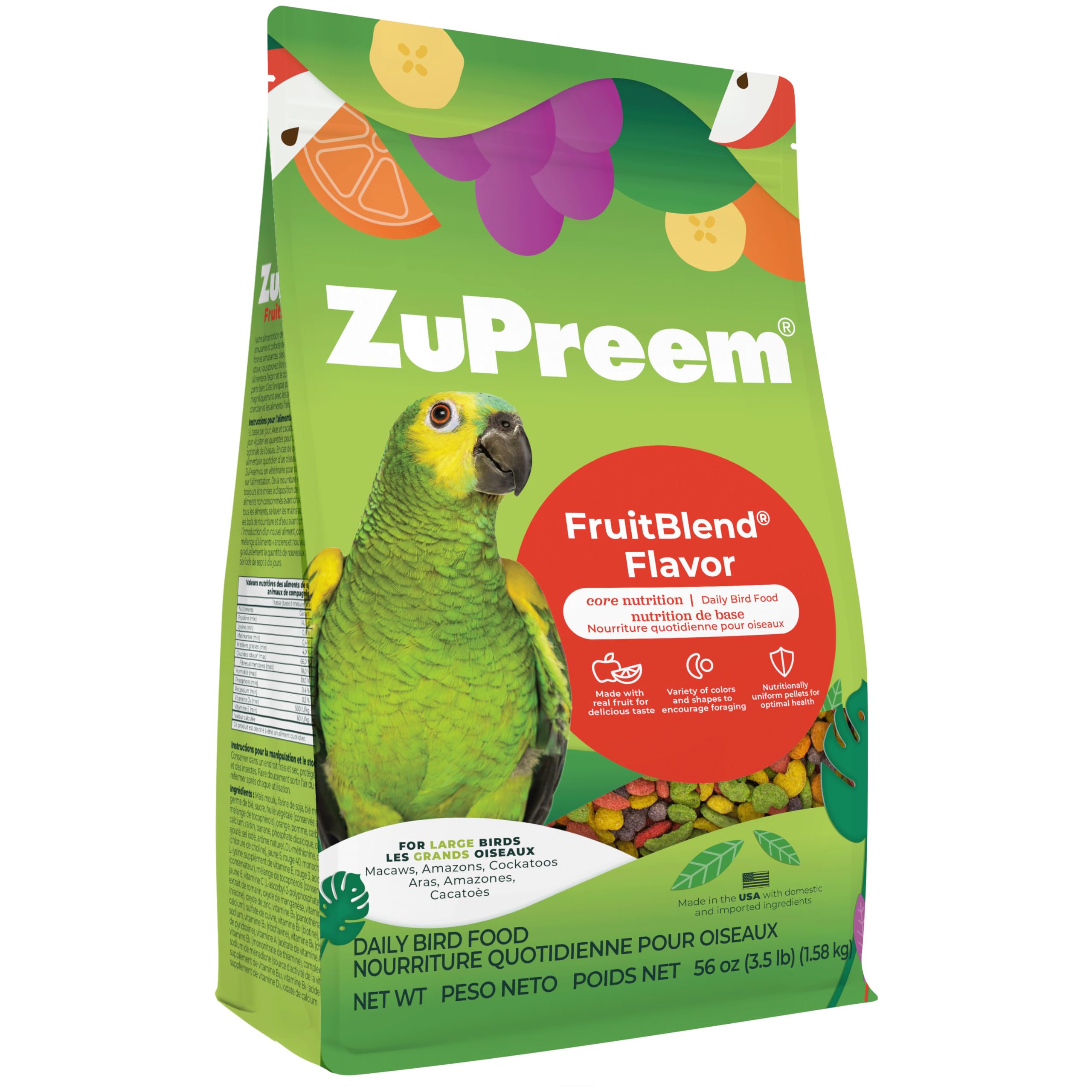 ZuPreem bag front view showing FruitBlend large-bird formula and colorful design benefit