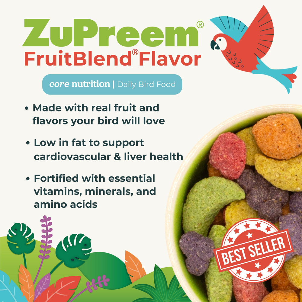 Close-up of FruitBlend pellets texture showing ZuPreem nutritional pellet detail benefit