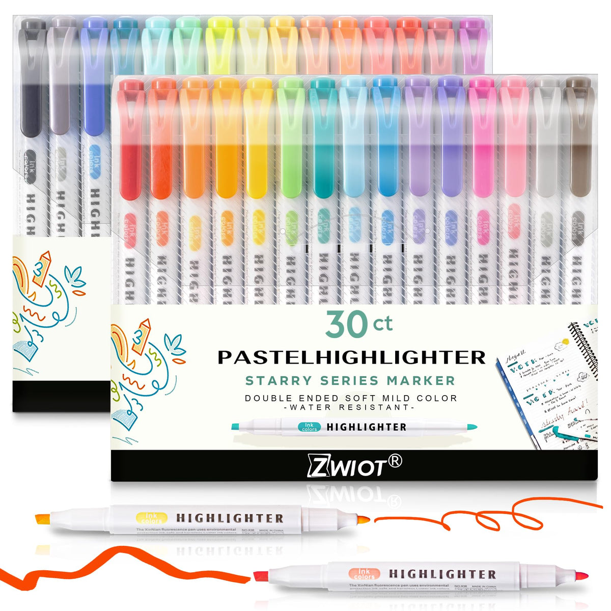 ZWIOT front packaging showing 30 pastel highlighters and organized colors benefit